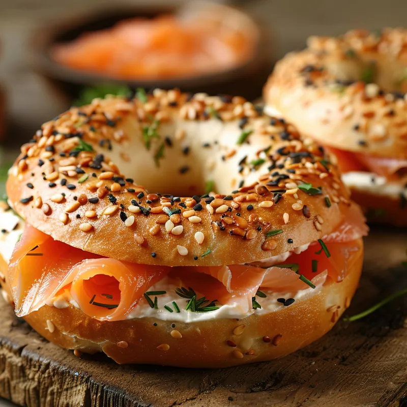 Bagel aux graines garni de saumon fumé et de cream cheese
